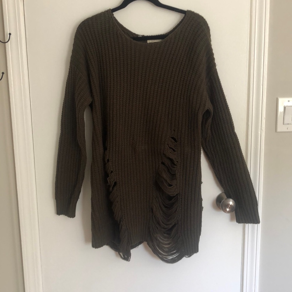 Elan Olive Green Distressed Oversized Sweater